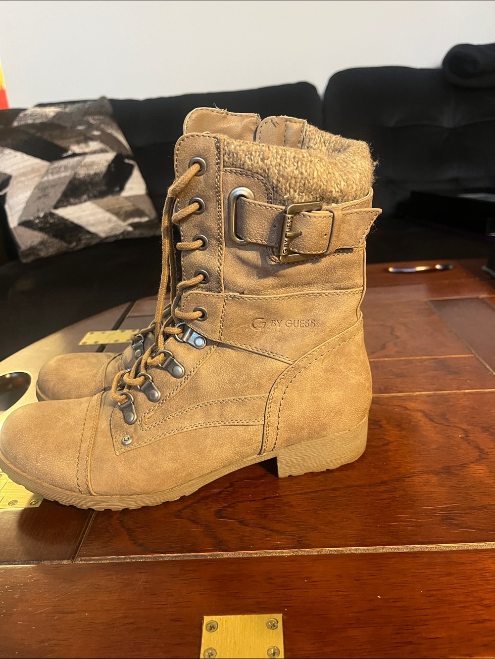 G by Guess Tan Lace-Up Ankle Boots with Knit Collar & Buckle